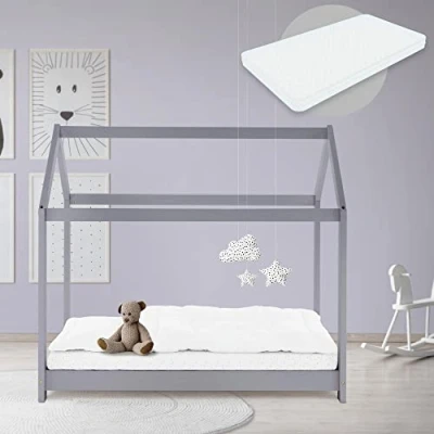 Afbeelding van Kinderbed met dak en lattenbodem 70x140 cm Lichtgrijs grenen hout ML Design