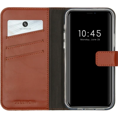 Afbeelding van Selencia Hoesje Geschikt voor iPhone 12 Pro / Met Pasjeshouder Echt Lederen Bookcase Lichtbruin