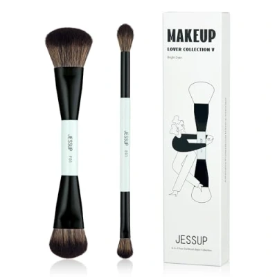 Afbeelding van Jessup Set van 2 dubbele uiteinden make up kwasten voor foundation, contourkwast, oogblender, multifunctionele reiskwasten, levendig cyaan, T502