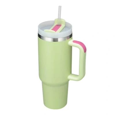 Afbeelding van thermosbeker van roestvrij staal, 1200 ml, dubbelwandige met handvat en rietje, voor koffie reizen, koude warme dranken, groen