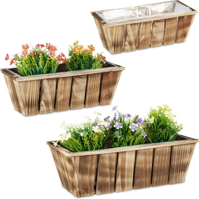 Afbeelding van Relaxdays Plantenbak hout 3 stuks balkonbak gevlamd sierbak rechthoekig natuur