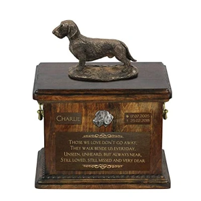Afbeelding van Persoonlijke urn hond voor teckel met beeldje hondenas.