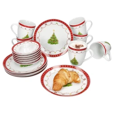 Afbeelding van MamboCat Weihnachtstraum Ontbijtset 18 delig, 6 kleine ontbijtborden, koffiekopjes en eierdopjes met dienblad voor personen kerstdecoratie