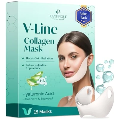 Image de Plantifique V line Lot de 15 Masques faciaux à l&#039;acide hyaluronique Bande visage Double Menton Masque végane Beauty Jawline Coréan avec complexe microcollagène