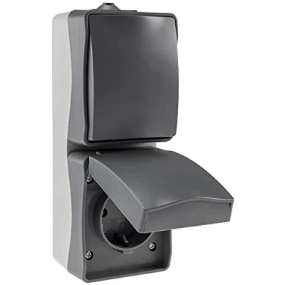 Afbeelding van ChiliTec NUQUI stopcontact voor vochtige ruimtes met schakelaar, combi stopcontact, schakelaar binnen en buiten, IP54, opbouwmontage, 250 V, geaard