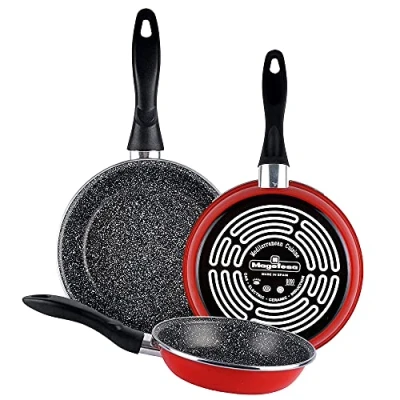 Image de Set 3 Poêles à frire 20 24 28cm Induction PIERRE Non Adhérente sans PFOA Magefesa K2 Rojo Rouge