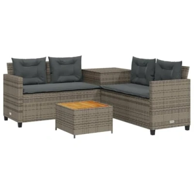 Afbeelding van Tuinbank met tafel en kussens L vormig poly rattan grijs