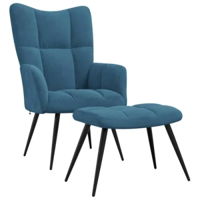 Image de vidaXL Chaise de relaxation avec tabouret Bleu Velours328094
