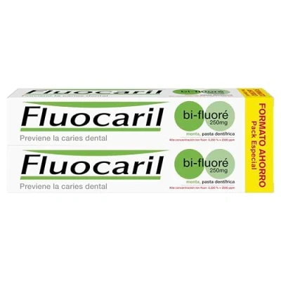 Afbeelding van Fluocaril Bi Fluoré 250 mg anti cariës tandpasta met muntsmaak voorkomt tandbederf, beschermt het glazuur, klinisch bewezen werkzaamheid, 2 x 125 ml