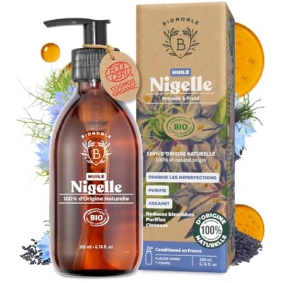 Afbeelding van Bionoble Huile de cumin noir organique 200 ml Bouteille en verre + pompe 100% pure et pressée à froid peau, cheveux ongles Organic Black Seed Oil végétale Nigella Sativa