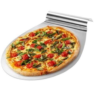 Afbeelding van COM FOUR® pizzaschuiver van roestvrij staal taartplateau met verzonken handgreep taart en pizzaschep tot Ø 26 cm (zilverkleurig rond)