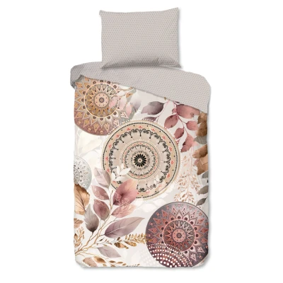 Afbeelding van Cheqo® Luxe Satijnen Dekbedovertrek 140x200 cm Mandala en Bladeren Print Grijs 1 Persoons 100% Katoen Satijn