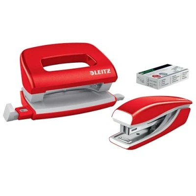 Afbeelding van Leitz WOW Mini bureauset, nietmachine en perforator, nietjes of ponsen tot 10 vellen, 1000 x P2 nr. inbegrepen, rood, 55612026