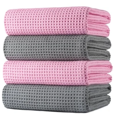 Afbeelding van POLYTE Extra grote badhanddoeken, microvezel, sneldrogend, pluisvrij, 152 x 76 cm, grijs, roze, wafelpatroon, 4 stuks
