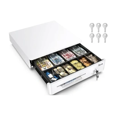 Image de Tera Tiroir Caisse Enregistreuse à Monnaie et Billets Ouverture Manuelle Automatique, 4 Compartiments de 8 Pièces, Connexion RJ 12, 33 x 35.6 cm, POS Restaurant Supermarché, 330R WH