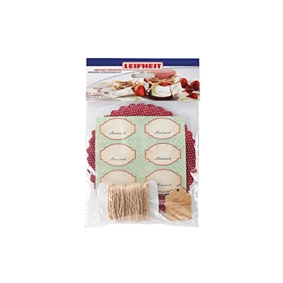 Afbeelding van Leifheit decoratieset voor inmaakpotten, met zelfklevende etiketten, dekselafdekking, wenskaarten, elastiekjes en koord, kleurrijke accessoires jampotten