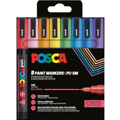 Afbeelding van Uni POSCA paintmaker PC 3ML, 1,5 mm, glitter, etui van 8 stuks in geassorteerde kleuren