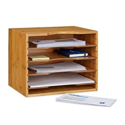 Afbeelding van Relaxdays brievenbakje bamboe, brieven organizer, sorteerbak bureau brievenvak