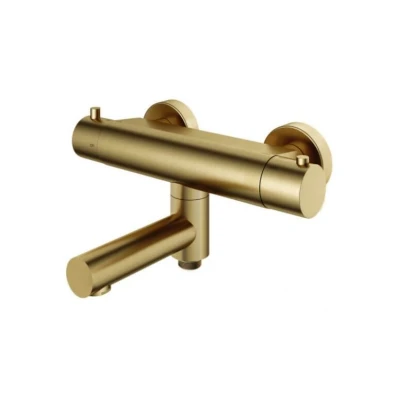 Afbeelding van HotBath Buddy thermostatische badmengkraan met wegdraaibare uitloop omstel Geborsteld messing