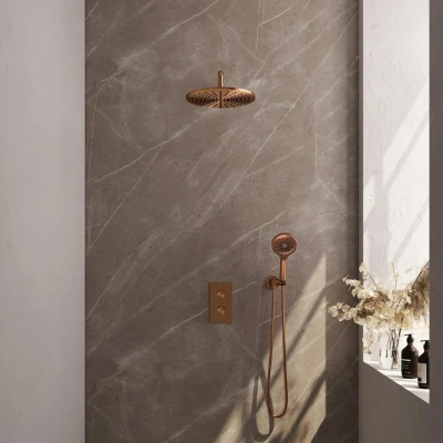Afbeelding van Brauer Copper Edition Regendoucheset inbouw hoofddouche 30cm gladde knop handdouche Rond 3 standen PVD geborsteld koper Minimalistisch