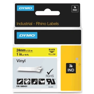 Image de DYMO Rhino Etiquettes Industrielles Vinyle 24mm x 5.5m Noir sur Jaune