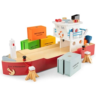 Afbeelding van New Classic Toys 10900 Harbor Line Boot met 4 containers