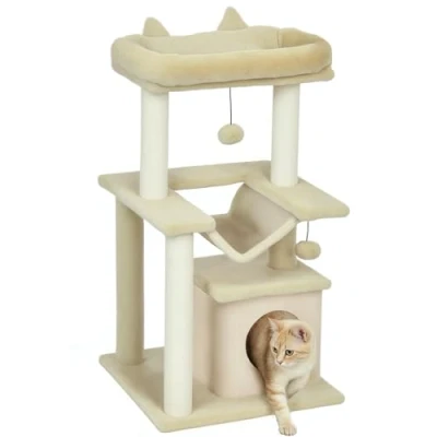 Afbeelding van PawHut Krabpaal 90 cm met hangmat, speelboom, grot, platforms, klimboom, activiteitenkrabpaal van pluche, sisal, crème