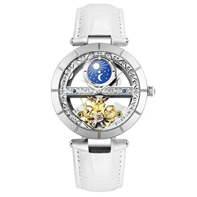 Afbeelding van RORIOS Dameshorloge, automatisch horloge, mechanische horloges, oplichtend horloge met leren armband, modieus, waterdichte dameshorloges, wit (B)