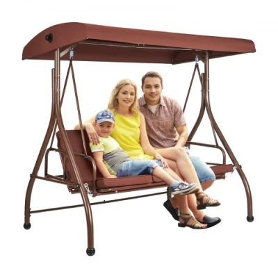 Image de VEVOR Balancelle de terrasse 3 places, balançoire convertible avec auvent réglable porche extérieur, coussin épais amovible, cadre en acier allié, pour balcon, jardin, bord piscine, marron