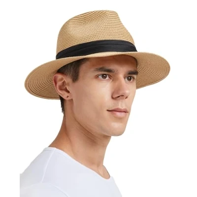 Afbeelding van Zylioo Panama Stro Hoeden Kleine Maat Zomer Fedora Hoed Strand Zonnehoed Rand UV Vakantie Hoed, kaki, XL