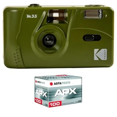 Afbeelding van Kodak Pack M35 Argentique + Pellicule 100 ASA Appareil Photo Rechargeable 35mm Olive Green, Objectif Grand Angle Fixe, Viseur optique , Flash Intégré APX 100, 36 poses