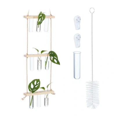Afbeelding van Relaxdays hangend stekstation stek vaasjes hangende houten stekjes rek 3