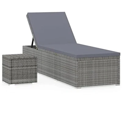 Afbeelding van vidaXL Ligstoel met kussen en theetafel, ligstoel, terras, buiten, kunsthars, gevlochten, grijs