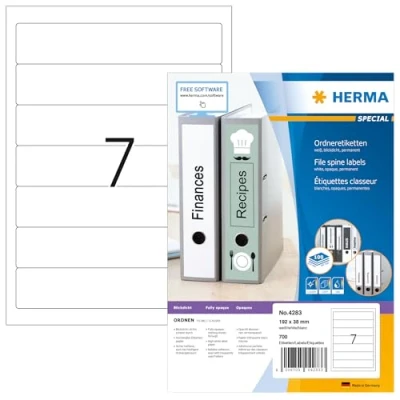 Afbeelding van HERMA 9800 stuks korte smalle ordneretiketten, 192 x 38 mm, 7 per A4 vel, zelfklevend, bedrukbaar, ondoorzichtig, blanco, wit