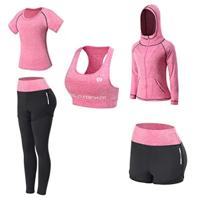 Afbeelding van JULY&#039;S SONG Yoga kleding, 5 delig, sportset voor dames, gymnastiek, hardlopen, sneldrogend, sportkleding, fitnesskleding, Roze