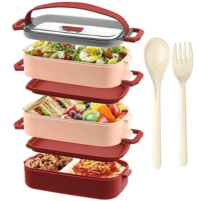 Afbeelding van OITUGG Lunchbox, hoogwaardige 3 laagse bento box voor volwassenen, 2200 ml lunchbox met bestek en verstelbare vakken, lekvrij, BPA vrij, geschikt