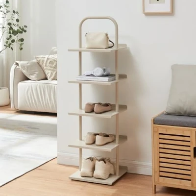 Afbeelding van Schoenenrek Poytya met 5 planken chamapgne 119x34x32 cm [en.casa]