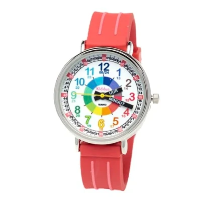 Afbeelding van KIDDUS Horloge voor kinderen van 5 10 jaar. Educatief polshorloge, tijdleraar, analoog met oefeningen om de tijd te leren lezen., Geschreven grepen. Rood, Nederlands
