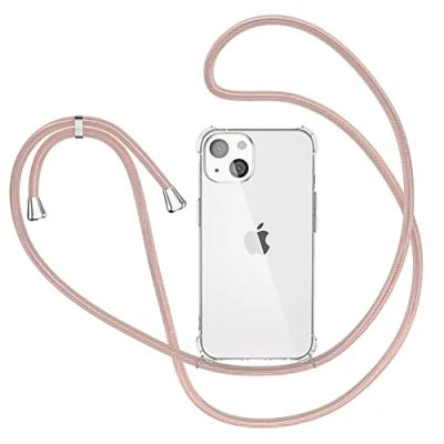 Afbeelding van XTCASE Telefoonketting voor iPhone 13, hoes mobiele telefoon met band, transparante beschermhoes stootvast koord case om te hangen in roségoud
