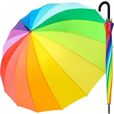 Afbeelding van paraplu xxl Regenboog 129 cm Glasvezel, licht, kleurrijk, groot, ronde haak handvat,