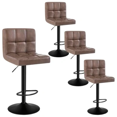 Afbeelding van WOLTU BH112dbr 4 Set van in hoogte verstelbare draaibare barkrukken met rugleuning en voetensteun, robuust metalen frame, vintage kunstleer zachte zitting, donkerbruin