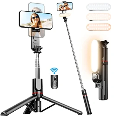 Afbeelding van Selfiestick met licht, 111 cm verbeterd statief, statief voor telefoon afneembare afstandsbediening, 360 rotatie, selfiestick, iPhone en Android smartphones