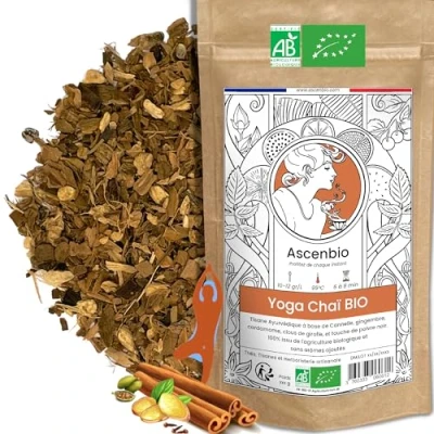 Image de Ascenbio ✿ Infusion Yoga Chai BIO Tisane Ayurvédique Saveurs Cannelle Gingembre Epices 180 g vrac Préparé et conditionné en France Emballage biodégradable