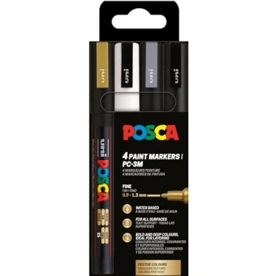 Afbeelding van Uni POSCA paintmarker PC 3M, 1,5 mm, etui van 4 stuks in goud, wit, zi
