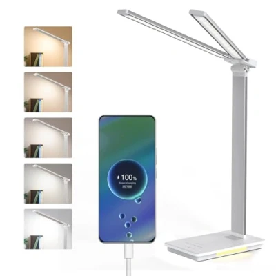 Afbeelding van LENDOO Led bureaulamp, oplaadbaar en dimbaar, 5 kleurmodi, helderheidsniveaus, opvouwbaar, 2000 mAh batterij + met USB poort voor kinderen, studie, werk