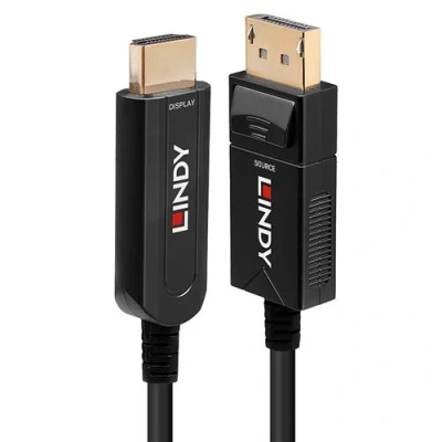 Image de Lindy Câble adaptateur DisplayPort mâle pour HDMI 50 m cuivre hybride/fibre optique noir rond, support 4K