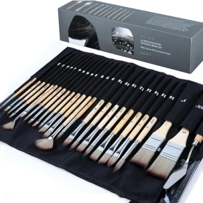 Image de ARTIFY art supplies ensemble de 24 pinceaux ARTIFY, série Expert, synthétiques améliorés avec rouleau en toile et spatule pour aquarelle à l&#039;huile acrylique Tempera,Bois