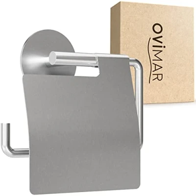 Afbeelding van ovimar Hanstholm Toiletpapierhouder zonder boren zilver zelfklevende roestvrijstalen rolhouder met deksel toiletrolhouder verlagingsdemper om op te plakken 3M