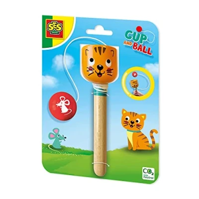 Afbeelding van SES Vangbal kat gemaakt van massief hout vrolijke en muis bedrukking gooi vang