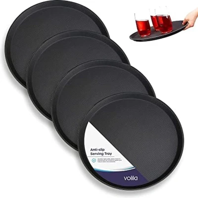 Afbeelding van Rond Zwart Dienblad met Antislip Oppervlak en Hoge Rand voor Thuis in de Horeca (4 Stuks Diameter: 35cm)